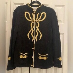 South Cotton Granny-Core Chunky Knit Holiday Bow Black Cardigan Sweater LRG EUC